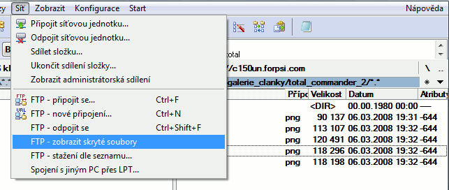 Zobrazeni skrytych souboru v FTP - menu